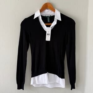 NWT Lauren Ralph Lauren V-Neck Layered Look Sweater, Small Petite, Cotton Blend